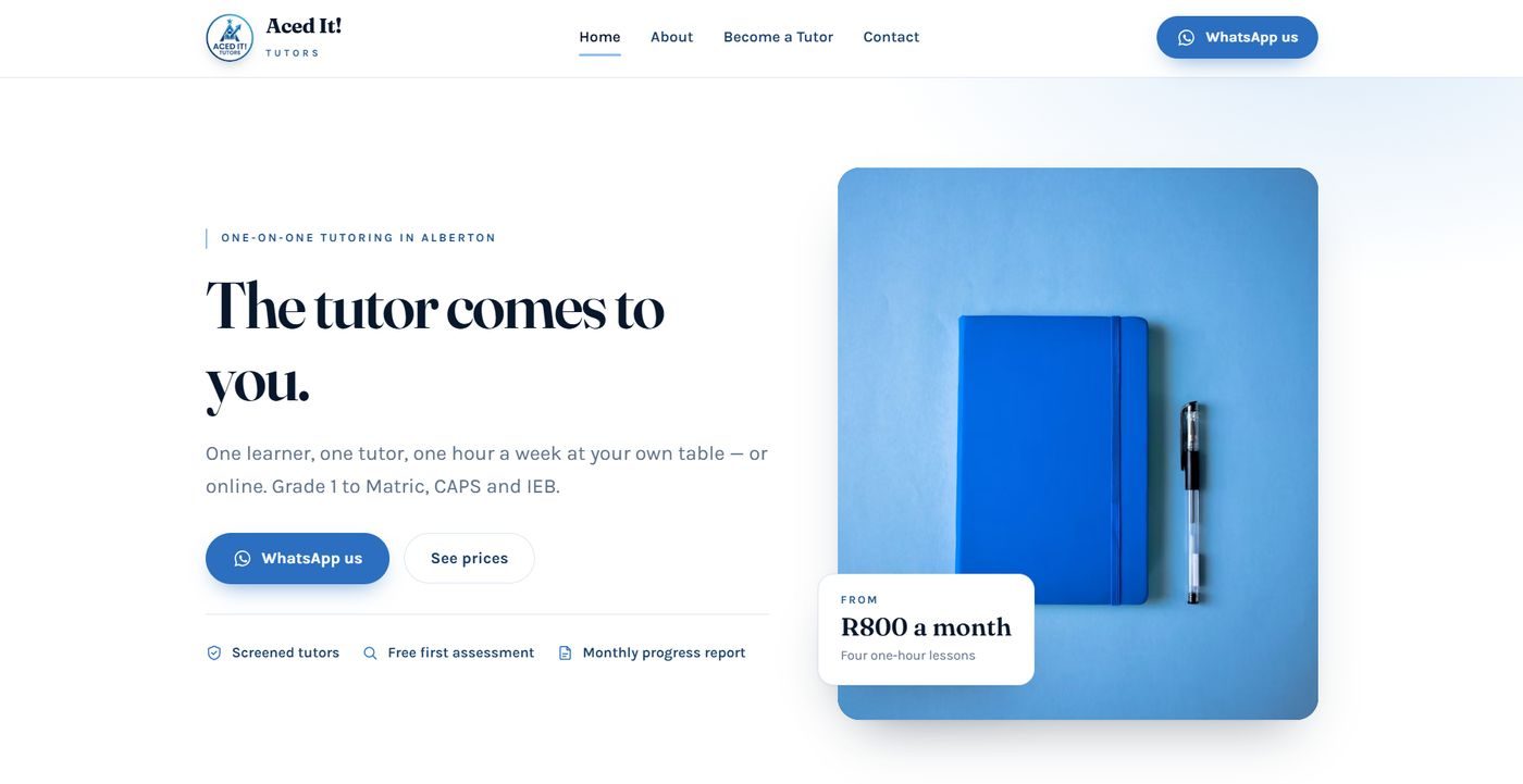 Homepage we designed for Aced It! Tutors — dark hero with a booking call-to-action above the fold.