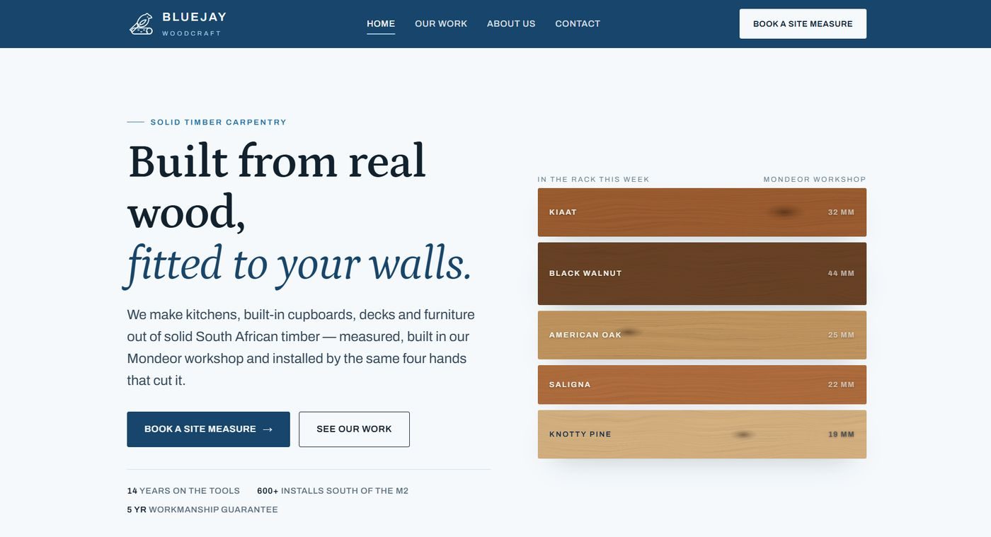 Homepage we designed for Bluejay Woodcraft — full-width project photography with the enquiry form in view.